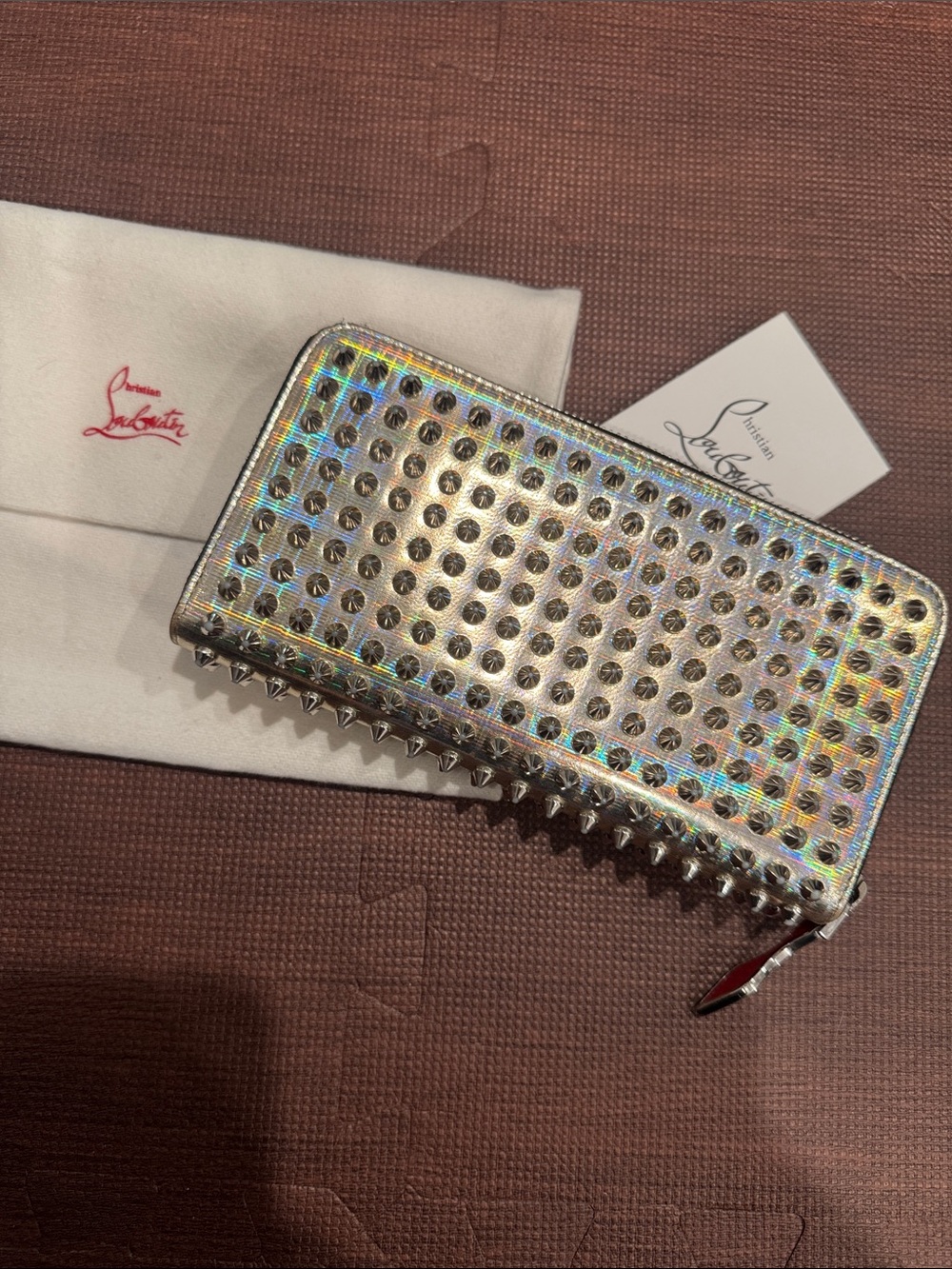 Christian Louboutin Holographic Silver Spiked Zip Wallet